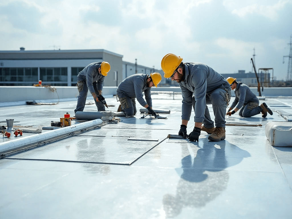 Flat top roofing professional worker on a commercial flat roof