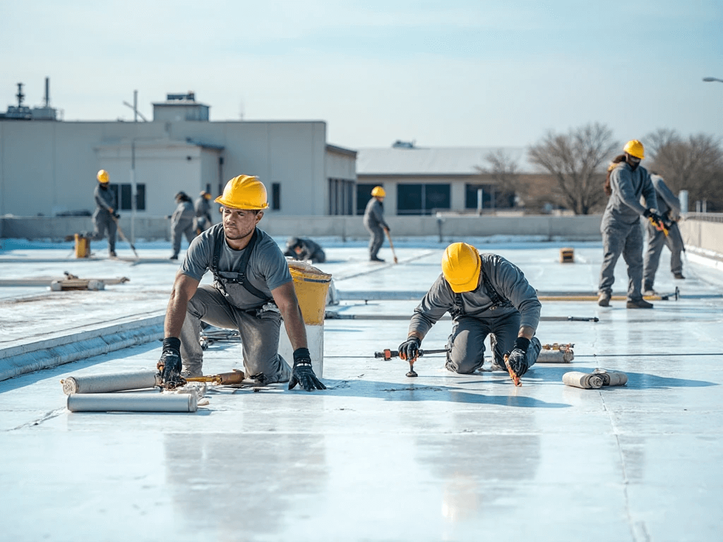 Flat top roofing group of roofers repairing flat roof