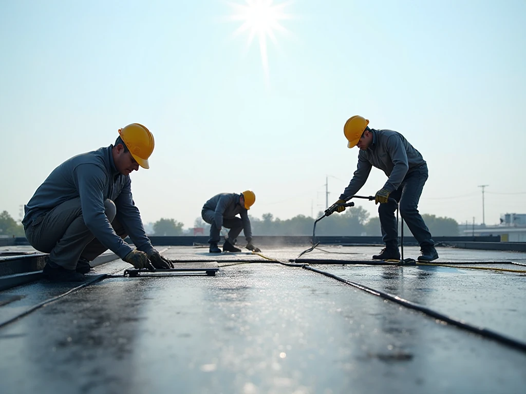 Flat top roofing roofer doing work on a flat commercial roof