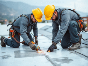 Professional roofers doing flat roof repair using tools