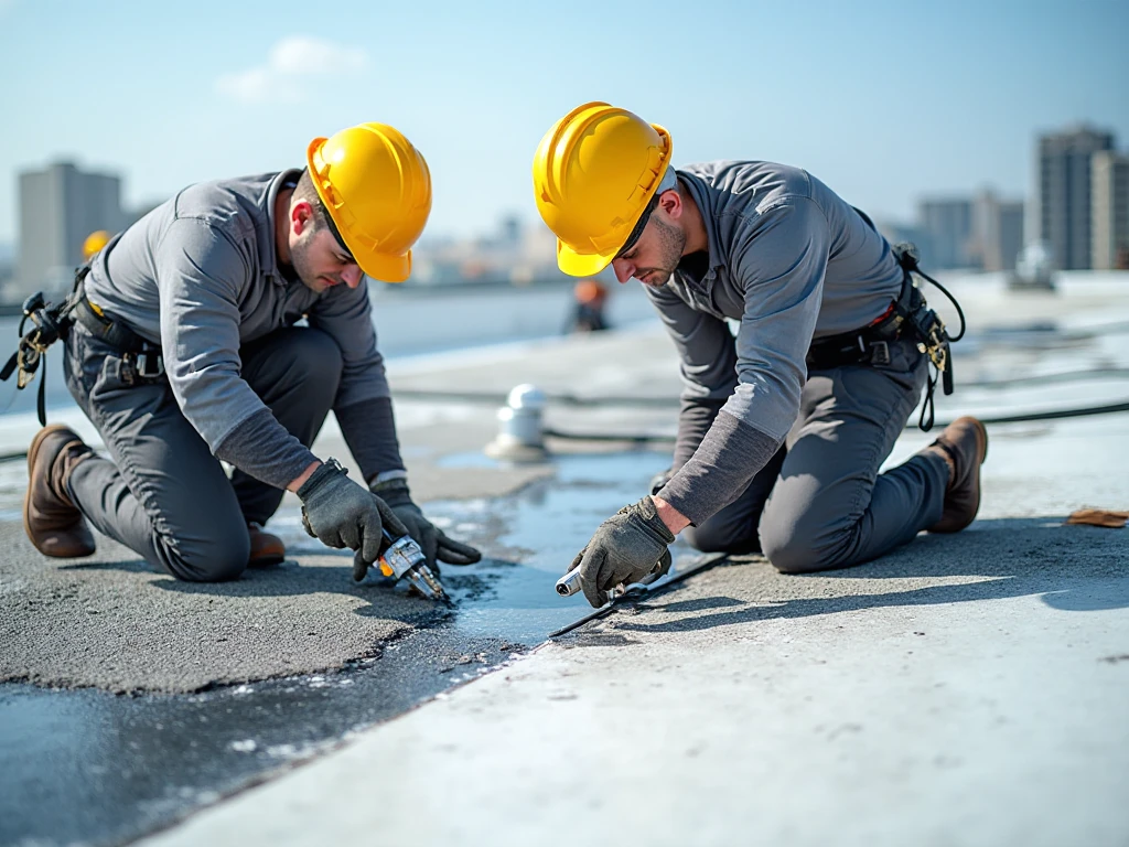 Professional roofers doing flat roof repairs