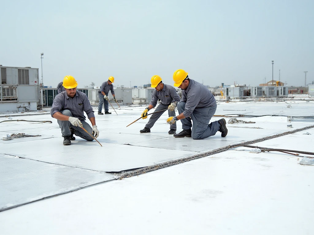 Professional roofers doing flat roof replacement