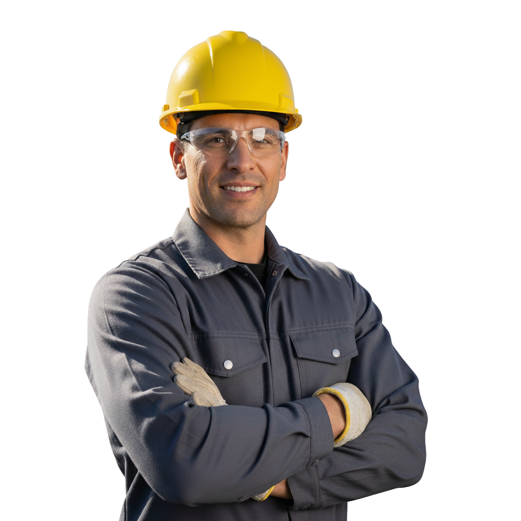 Professional Roofer crossed arms in complete uniform