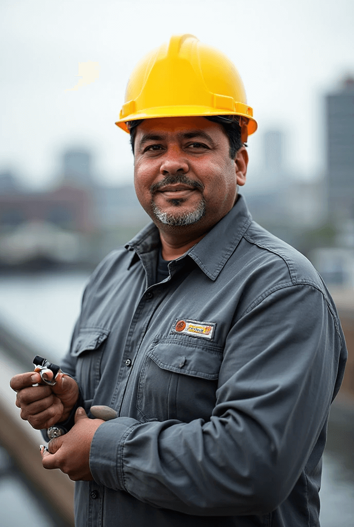 Flat Top roofing image of roofer crossed arms and smiling