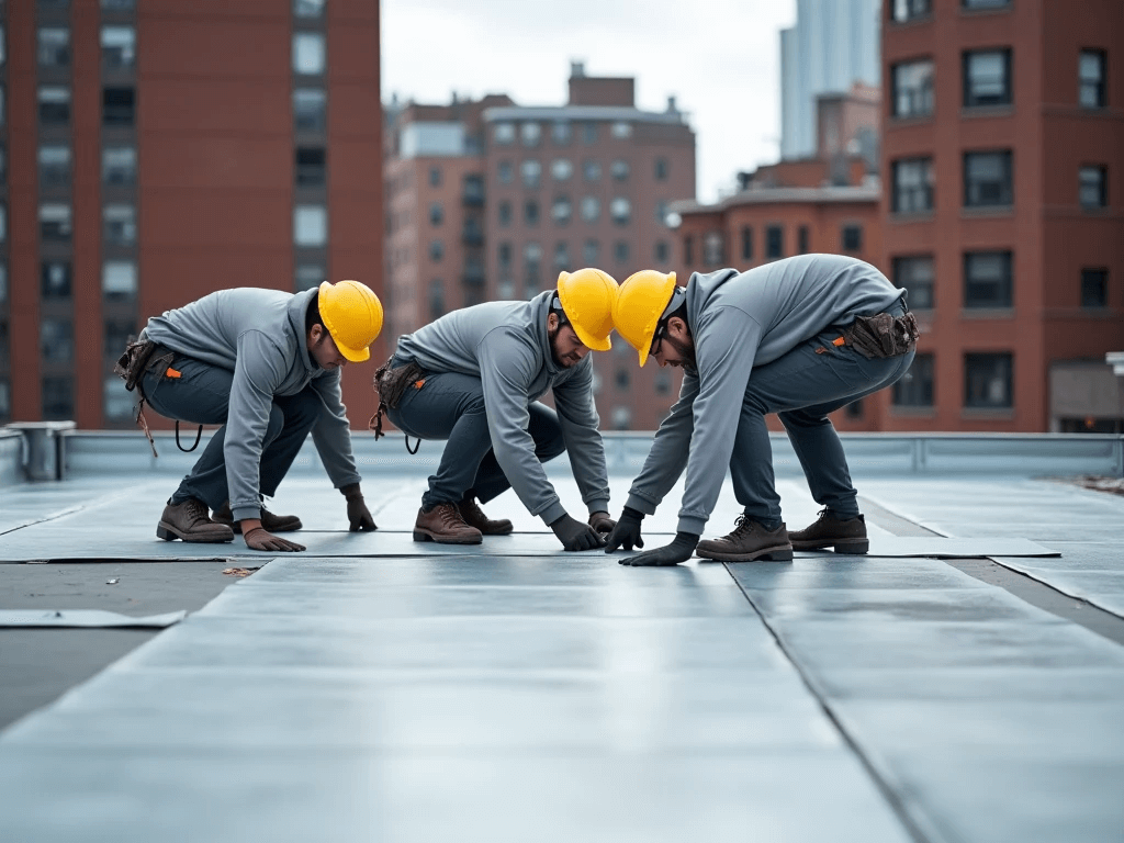 Showing Professional roofer checking commercial Brooklyn flat roof