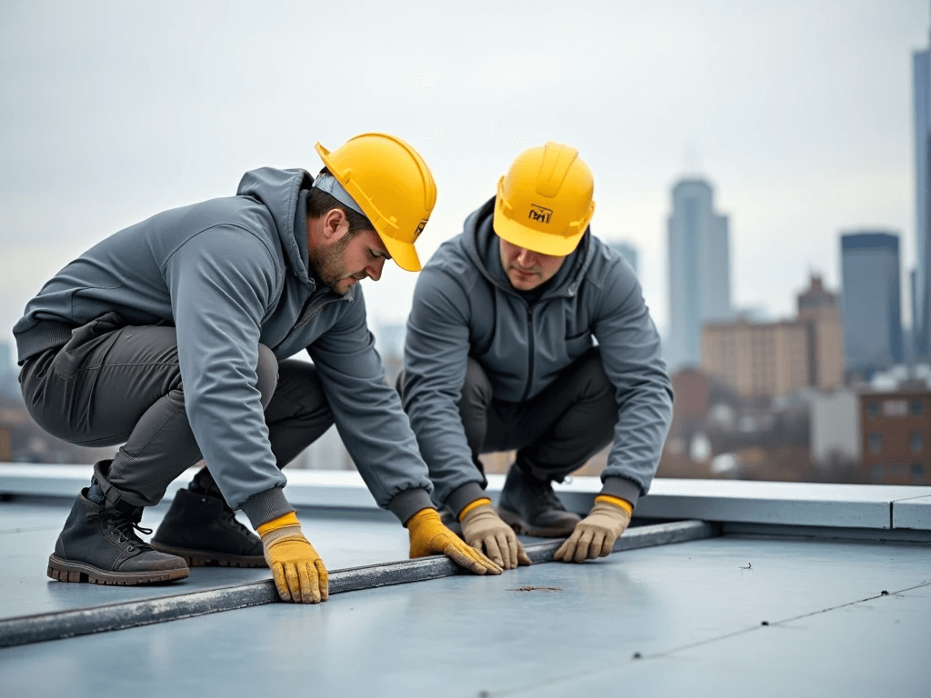 Showing Professional roofer checking Brooklyn flat roof