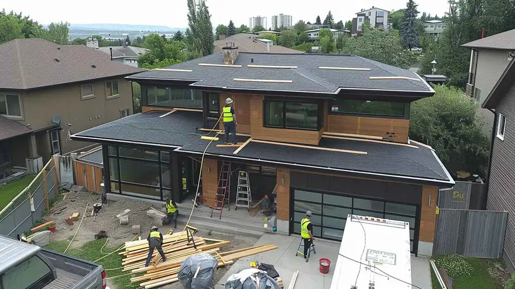 image showing group of roofers doing works on a residential home