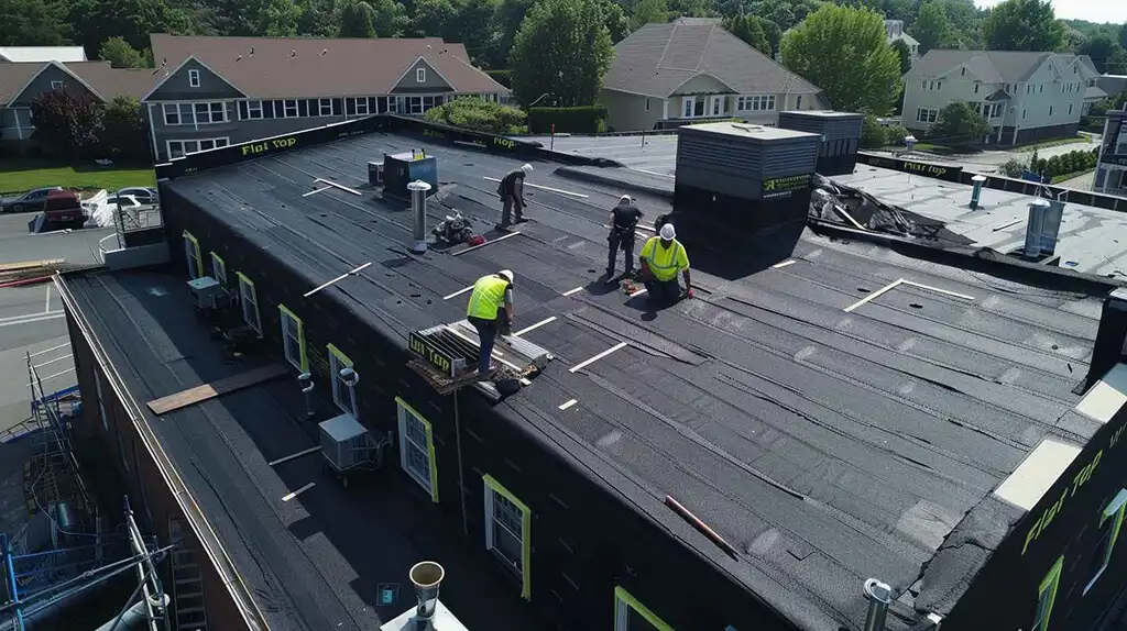 Flat top roofing group of roofers repairing flat roofs