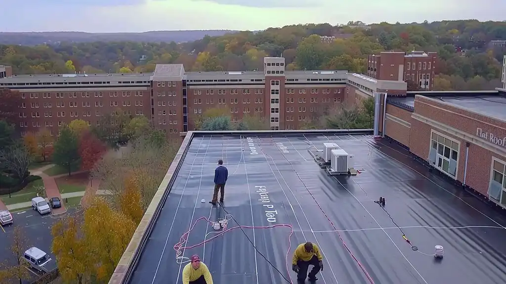 Flat top roofing group of roofers doing works on a flat roof