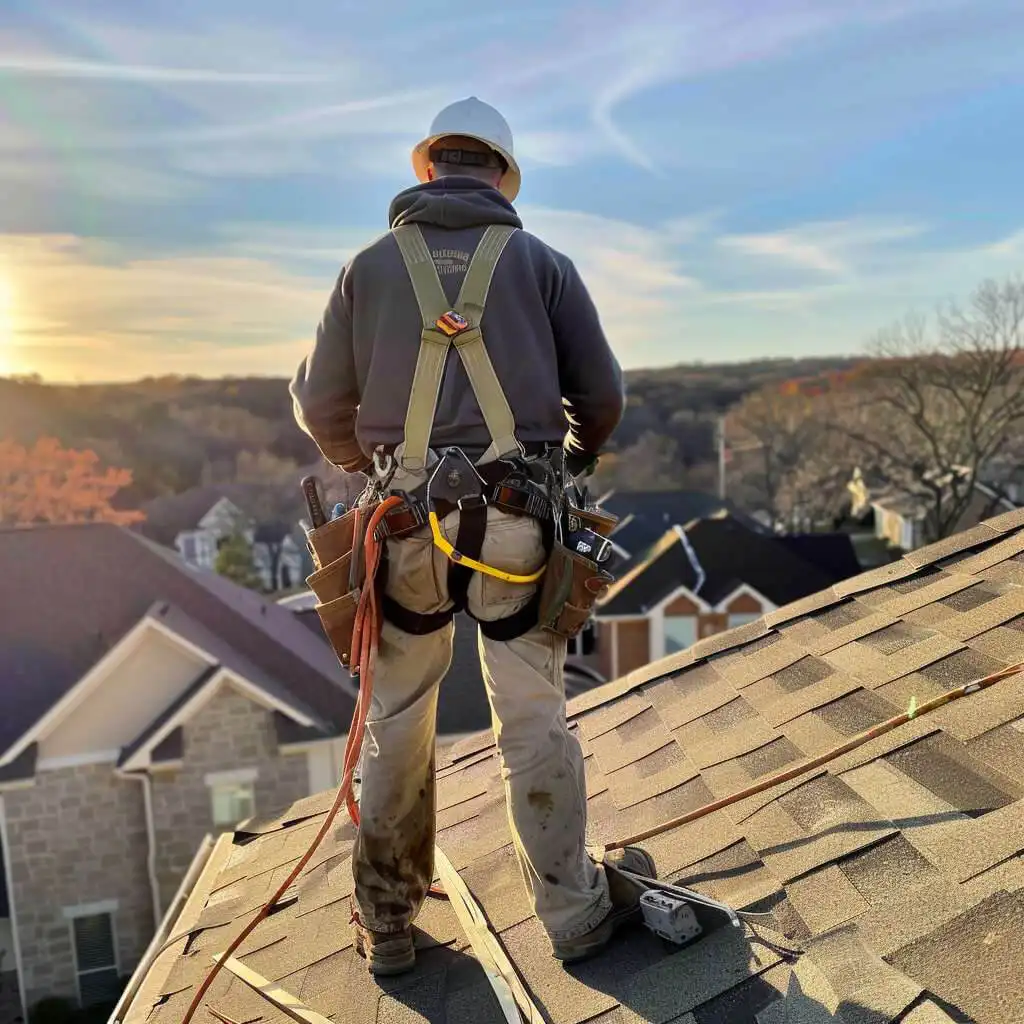 Flat top roofing roofer standing on top a residential home roof