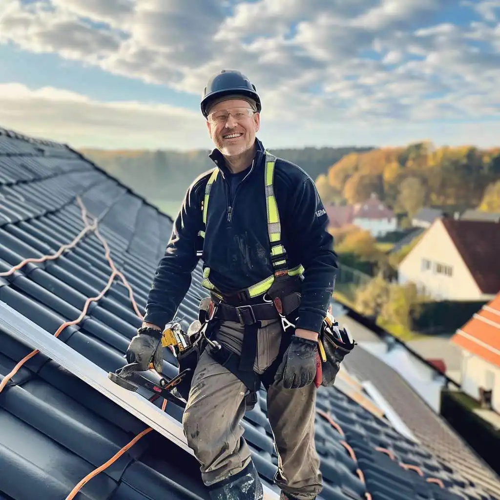 Flat Top roofing image of roofer standing on the top of the roof and smiling